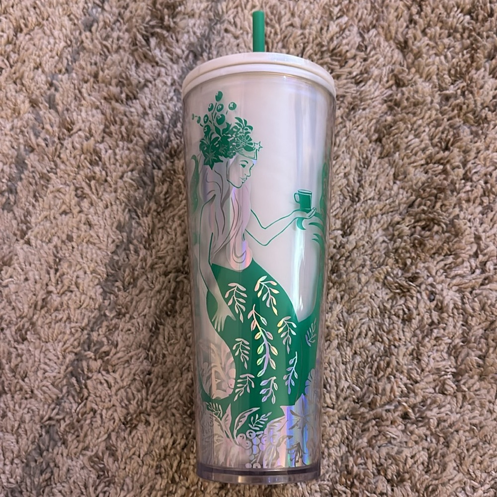 NWT Starbucks Christmas White Green Holographic Mermaid Tumbler